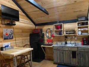 a kitchen with a black refrigerator and a wooden wall at Cozy Log Tiny Cabin in Red River Gorge! in Campton