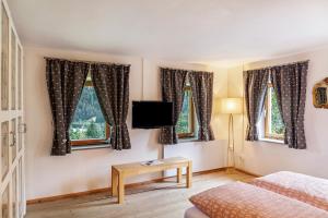 uma sala de estar com televisão e duas janelas em Villa Maria em Anras