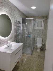 La salle de bains est pourvue d'un lavabo, d'une douche et de toilettes. dans l'établissement Apartament IXA-2, à Manresa