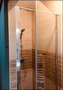 La salle de bains est pourvue d'une douche et d'une porte en verre. dans l'établissement La maison des Consuls, à Auxerre
