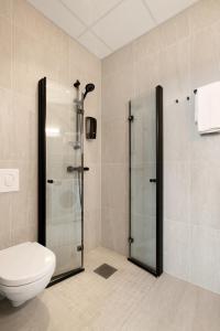 a bathroom with a glass shower and a toilet at Maya Apartments - Parkveien in Oslo