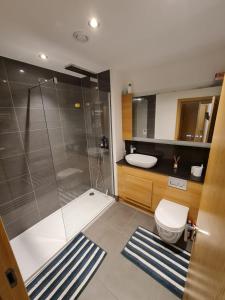 a bathroom with a shower and a toilet and a sink at Entire Lovely 2 Bedroom Apartment in Southend-on-Sea