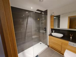 a bathroom with a shower and a toilet and a sink at Entire Lovely 2 Bedroom Apartment in Southend-on-Sea