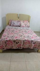 安格拉杜斯雷斯的住宿－Casa com churrasqueira e piscina, perto de riacho，一间卧室配有一张带粉色毯子和枕头的床。