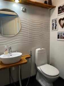 a bathroom with a sink and a toilet and a mirror at Moonloft@VillaSolbacka in Inkoo