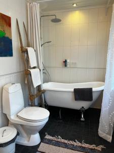 a bathroom with a tub and a toilet and a sink at Moonloft@VillaSolbacka in Inkoo