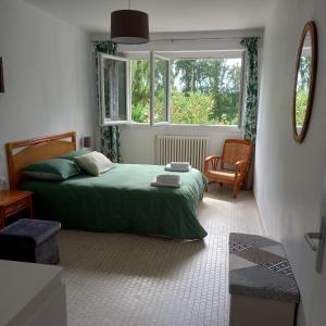 Un dormitorio con una cama verde y una ventana en La Gisière, Chambres d'hôtes, en Challans
