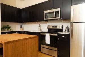 a kitchen with black cabinets and a stainless steel refrigerator at Luxury Multi-unit Historic Building Near Downtown in Roanoke