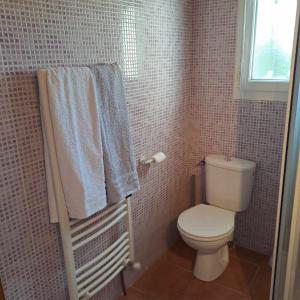 baño pequeño con aseo y ventana en la chambre de l'auxineill, en Castelnou