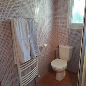 a small bathroom with a toilet and a window at la chambre de l'auxineill in Castelnou +4 photos