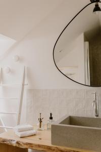La salle de bains est pourvue d'un lavabo et d'un miroir. dans l'établissement Chez Anne et Grégoire, à Voglans