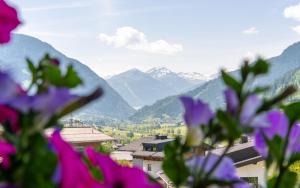 a bunch of purple flowers with mountains in the background at am mühlbach - einfach sein in Dorfgastein