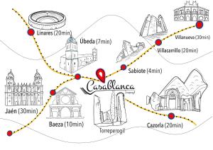 a map of famous monuments of the world at Pensión Restaurante Casablanca in Torreperogil
