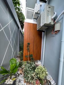 a small garden with plants next to a building at Luxury Cabin Near Fields Avenue in Angeles