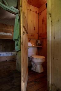 a bathroom with a toilet in a wooden cabin at Stony Creek Farmstead in Walton