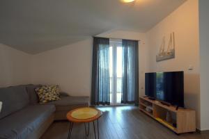 uma sala de estar com um sofá e uma televisão de ecrã plano em Apartments Cindric em Malinska