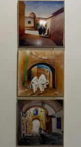 three pictures of a painting of a room at Villa Maria & Nour in Awlād ‘Umar