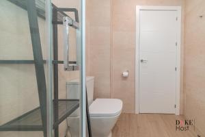 ein Badezimmer mit einem WC und einer Glastür in der Unterkunft Marqués de Vadillo1 Apartments in Madrid