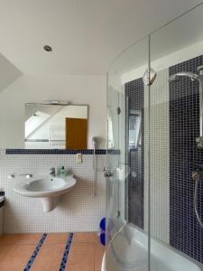 uma casa de banho com um lavatório e um chuveiro em Messe Apartment - 10 Gäste em Hanôver