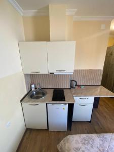 a small kitchen with a sink and white cabinets at Квартира у моря Колхида in Makhinjauri