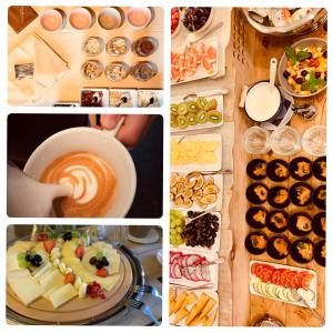 een collage van foto's met eten en een kop koffie bij Hotel Residence der bircher in Campo di Trens