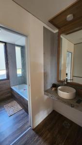 ein Badezimmer mit Waschbecken, Spiegel und Badewanne in der Unterkunft Colores de Manantiales in Villa General Belgrano