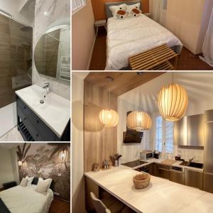 a collage of pictures of a bedroom and a bathroom at VIEUX NICE - LE COSY - 5 min des PLAGES - WIFI - PARKING PUBLIC in Nice