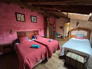 Duas camas num quarto com paredes cor-de-rosa em Casa Rural Garzibaita em Sumbilla