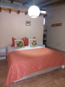 1 dormitorio con 1 cama con colcha de color naranja en Cabañas Los Nonos en El Bolsón