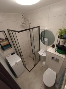 a bathroom with a shower and a toilet and a sink at Lovely Stay in Siauliai in Šiauliai