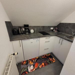 eine Küche mit einem Küchenboden mit einer Bodenmatte in der Unterkunft Appartement im Schwarzwaldhaus in Hüfingen