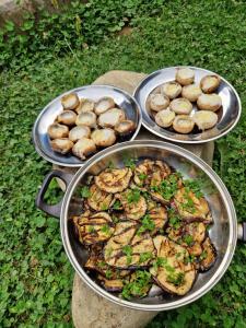 three pans of food sitting on top of a table at Casa Hariton in Drăguş