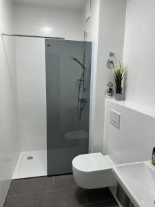 ein weißes Bad mit einer Dusche und einem WC in der Unterkunft Ferienwohnung in Center of Hamburg-Barmbek-Airport-4 in Hamburg
