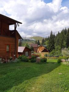 una casa con un patio con flores y una casa en Еко-садиба "Під ліском" en Yablunytsya