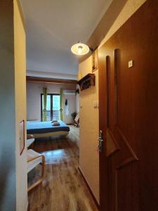 a room with a bed and a door to a bedroom at Madora - Studio Apartman in Fužine