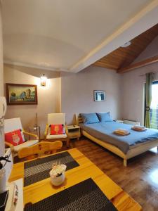 een slaapkamer met een bed en een woonkamer bij Madora - Studio Apartman in Fužine