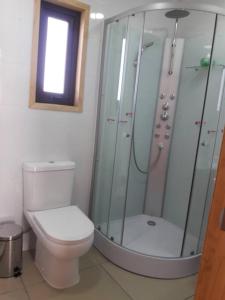 y baño con aseo y ducha. en Cabañas Berner #2 (5 personas), en Puerto Varas