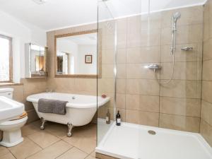 ein Badezimmer mit einer Dusche, einer Badewanne und einem WC in der Unterkunft Mistletoe Cottage in Usk + 64 Fotos