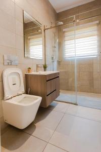 y baño con aseo, lavabo y ducha. en Accra Luxury Apartments @ Pine Court en Cantonments
