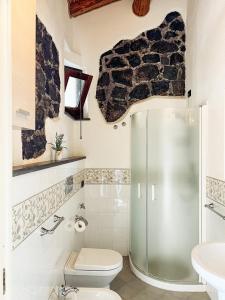 y baño con ducha, aseo y lavamanos. en Terre Villa Katia en Santa Maria di Licodia