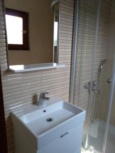 La salle de bains est pourvue d'un lavabo blanc et d'une douche. dans l'établissement Villa Mia Ana, à Međugorje