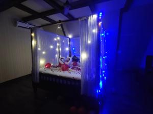 a bedroom with lights and a bed with a stuffed animal at PV Cottages Serenity Beach in Puducherry