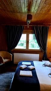 a bedroom with a bed with two pillows and a window at Cabana Mistic in Bran