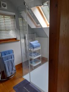 a room with a glass walk in shower with blue towels at Pinecroft Barn - Relax & Unwind! in Storrington