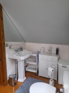 a bathroom with a sink and a toilet and a mirror at Pinecroft Barn - Relax & Unwind! in Storrington