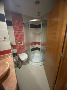 een kleine badkamer met een toilet en een wastafel bij Demosan Hotel in Karaman