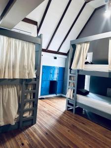 2 literas en una habitación con suelo de madera en Gorilla Hostel en Mendoza