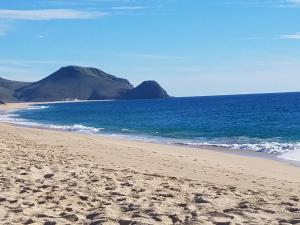 a sandy beach with a mountain in the background at Casa Flores Casitas in Todos Santos