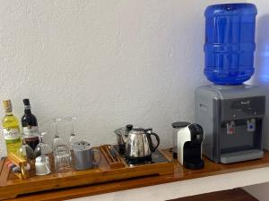 a counter with a coffee maker and a blender at Parrot Resort Moalboal in Moalboal
