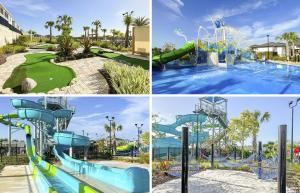 a collage of four pictures of a water park at Disney Villa w/ pool + FREE Pet Fee under 25lbs in Kissimmee